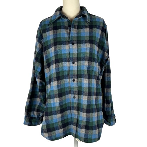 Vintage PENDLETON VIrgin Wool Blue & Gray Plaid Trail Shirt Size Medium - Picture 1 of 8